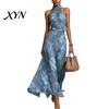 Tallening Body Shape Dress Floral Chiffon for Women, Halter Sleeveless Ruched Maxi Green Print Dress, Turtle Neck Wedding Guest Cocktail Evening