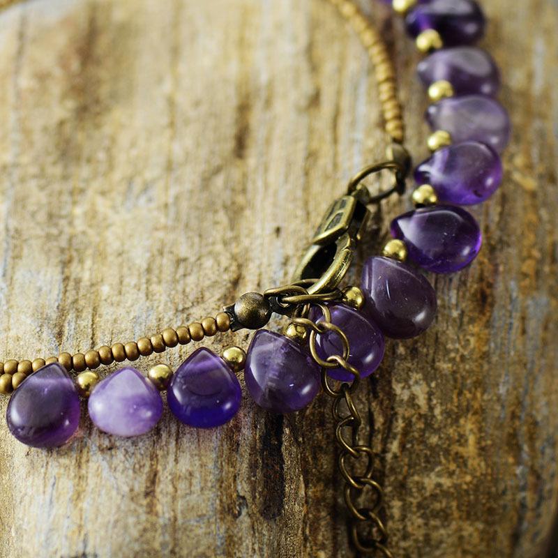 Luxury Bohemian European and American handmade jewelry, new natural stone amethyst pendant, water drop rice bead collarbone necklace batch