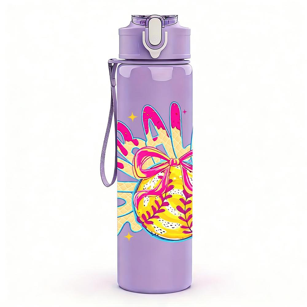1PC Colorful Softball Bow Graffiti Art 750ml Color Plastic Water Bottle Leakproof Flip Straw Lid For Sports Office Home Use