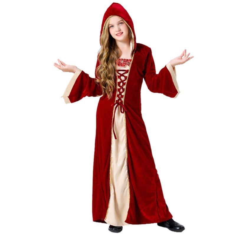 Court style Halloween burgundy horn sleeve dress, children's retro queen dress, musical performance show