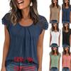Women's Lace Cap Sleeve Pleated Front T-Shirt Casual Loose Rayon Blend Crew Neck Blouse