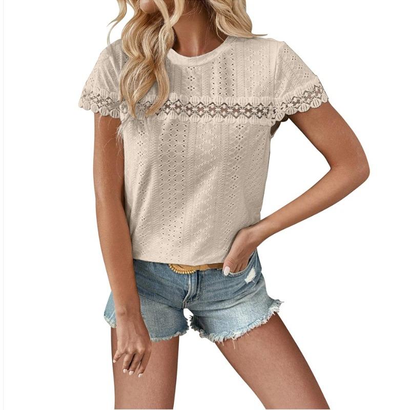 Women's Spring/summer V-neck Lace Patchwork Loose Casual Perforated T-shirt