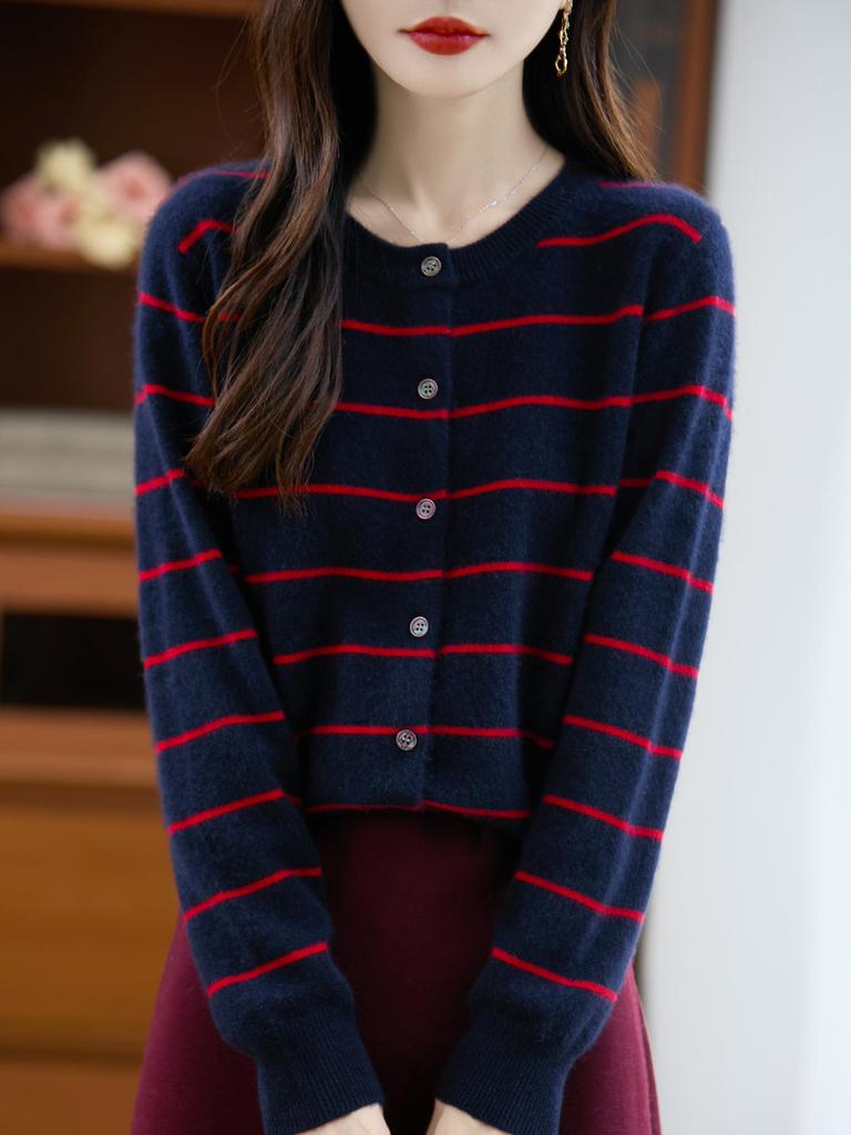 2025 Autumn/Winter Women's Pure Wool Striped Knit Cardigan: Round Neck, Loose Fit, Cashmere Long Sleeve Versatile Outerwear.