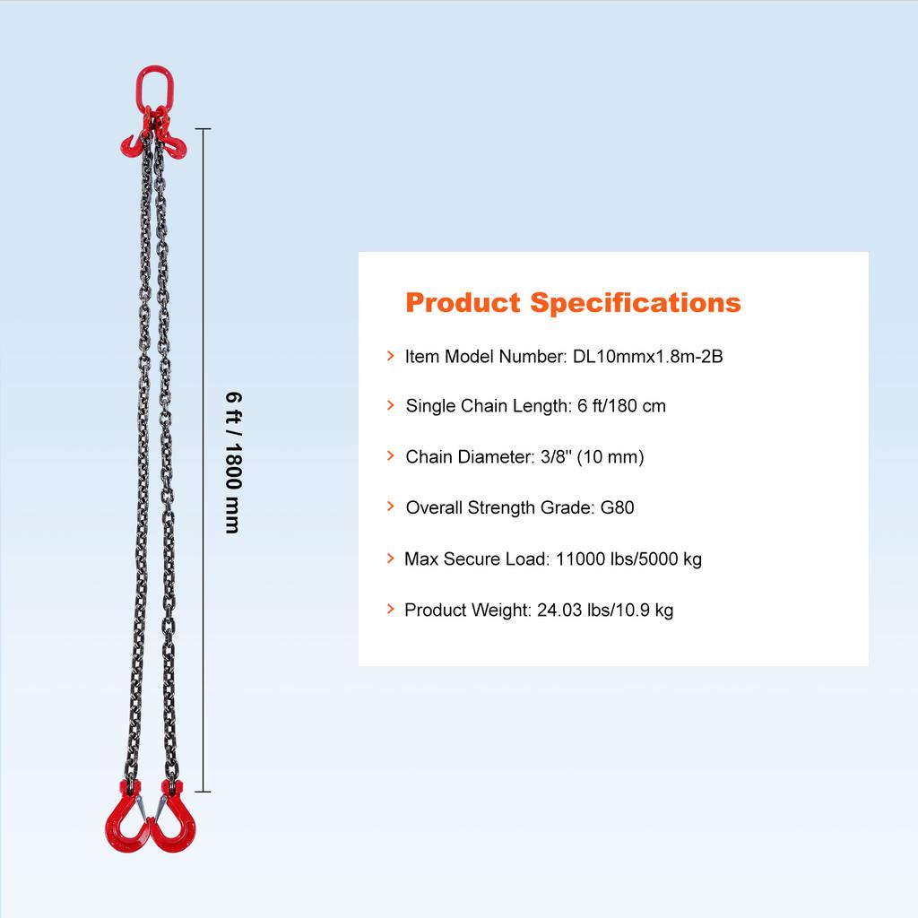SucceBuy 3T Chain Sling 6ft 8mm/10mm Heavy Duty Lifting Chains with 2 Leg Grab Hooks G80 for Engine Manual Hoist Lifting Tool