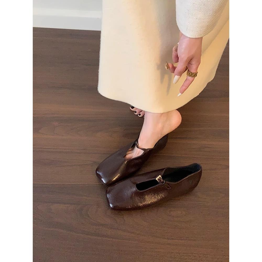 French niche design flat-soled single shoes square head loafers, retro soft-soled casual women's shoes Mary Jane shoes