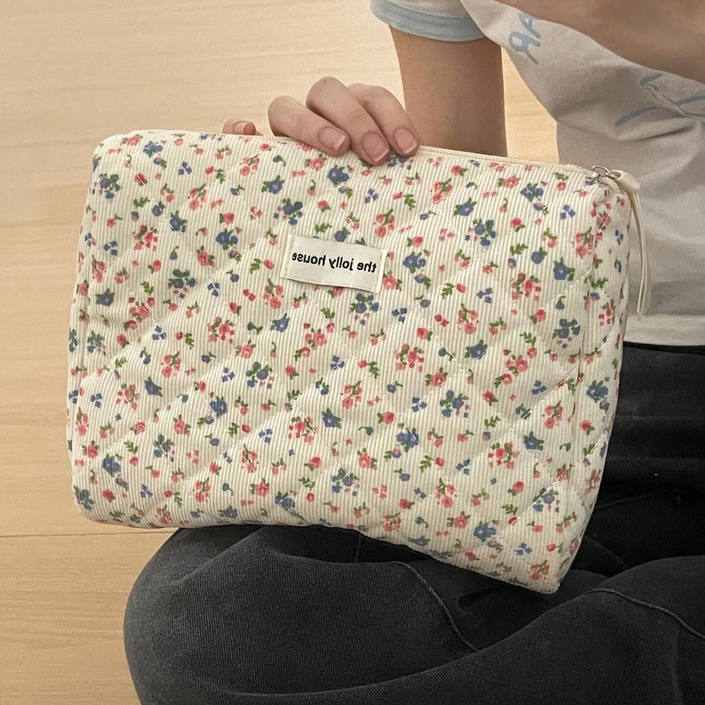 Blumig Süß Damen Aufbewahrungstaschen Retro Corduroy Damen Kosmetiktasche Reise Tragbar Weibliche Make-up-Tasche Clutch Handtaschen