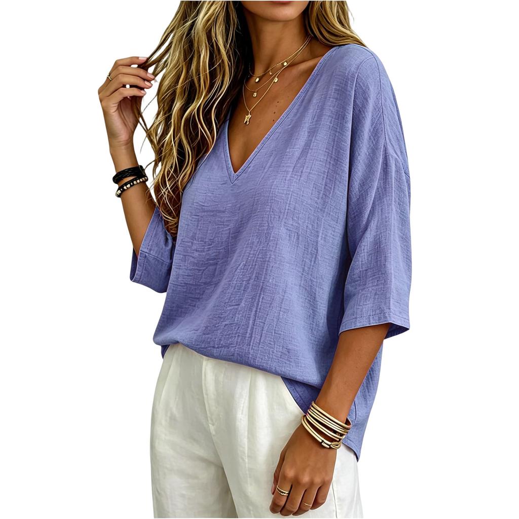Women Loose Fit V Neck Cotton Linen Top Three Quarter Sleeve Casual Solid Blouse Lightweight Breathable Shirt for Daily Wear