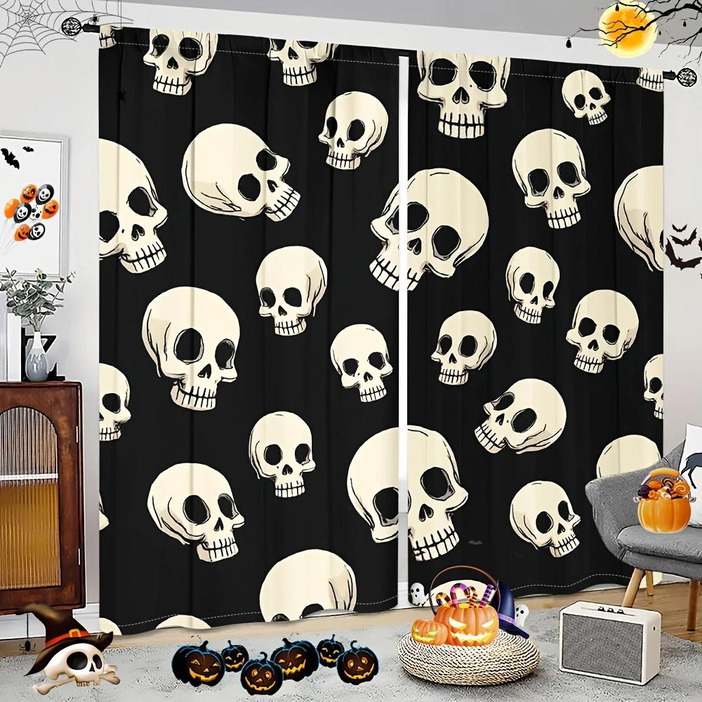 2 Stück - Halloween Gothic Stil Totenkopf-Print Vorhänge Stangentaschenvorhänge Heimdekoration Zimmerdekoration
