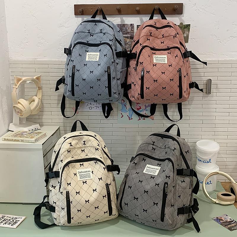 Schoolbag trendy schoolbag women's new corduroy large capacity bow printing student backpack high value backpack