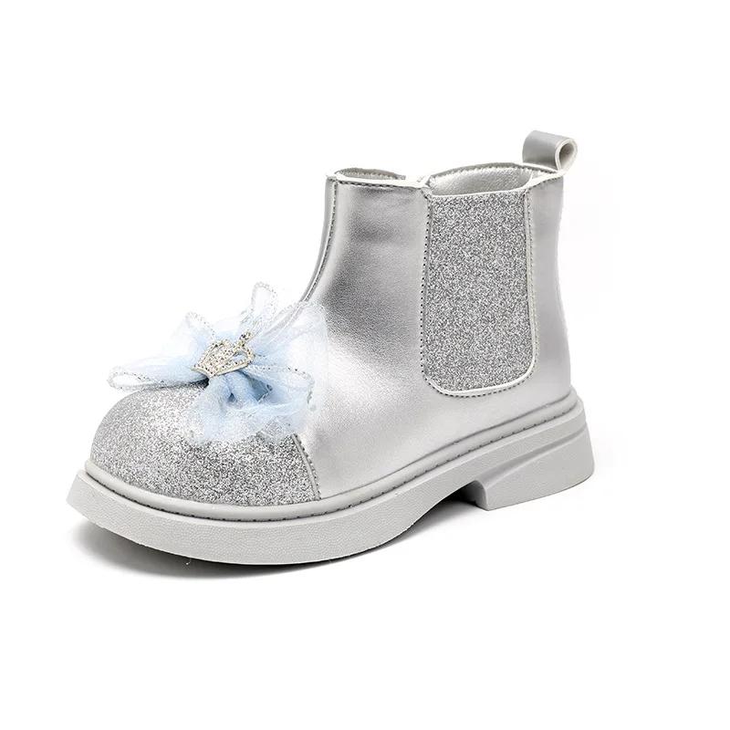 Children's Autumn Boots Luxury Sweet Girls Princess Boots Ankle Versatile Kids Fashion Causal Glitter Leather Boots Thick Bottom