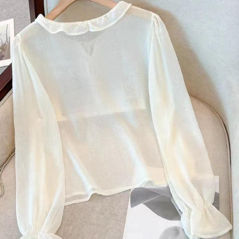 Ruffled Chiffon Tie-Front Blouse Women's Spring Autumn French Soft Style Loose Layering Inner Wear Sun-Protective Outer Wear Trendy