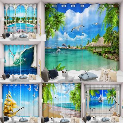 2 Panels Seaside Tropical Scenery Curtains Rod Pocket Curtain For Villas Farmhouses Living Room Bedroom Office Kitchen Windows