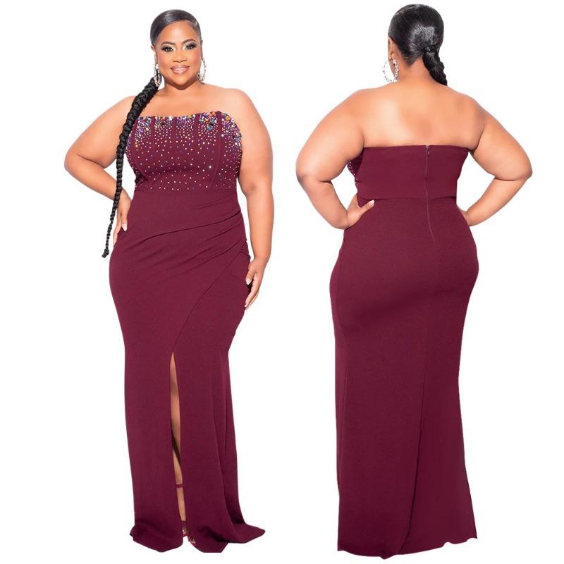 Women's Fashion Line Shoulder High Slit Slim Drill Dress