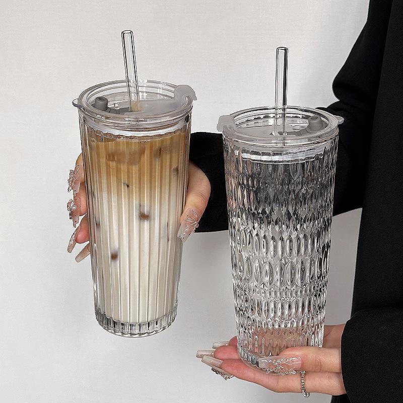 Large Capacity Transparent Glass Straw Cup with Lid for Office Drinks: Milk Tea, Coffee, Americano, Latte, Juice