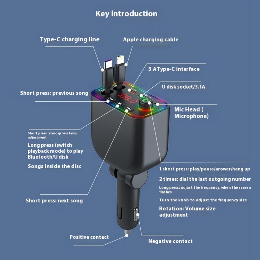 

L4 Super Fast Charging Car Charger MP3 Player with Retractable Type C+iP Cable Bluetooth-Compatible FM Transmitter A