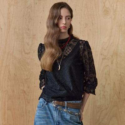 Rococo Lace Pleated Henley Neck Blouse Ze06qb500na