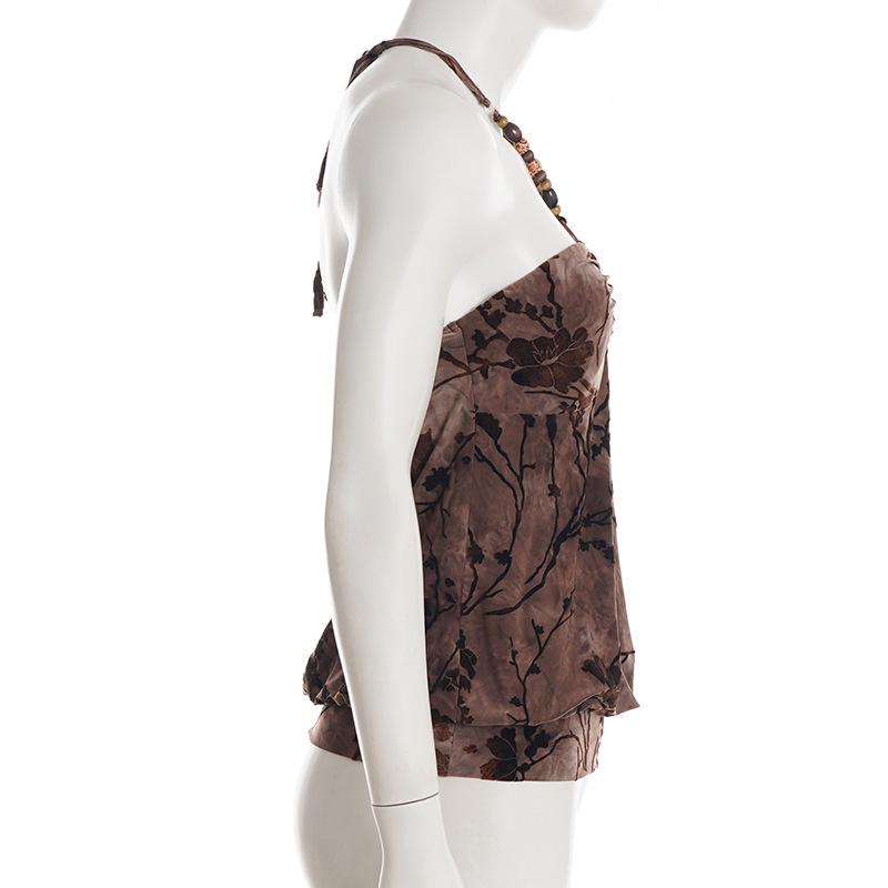 Retro Print Beaded Halter Crop Top for Women - Vintage Slim Fit