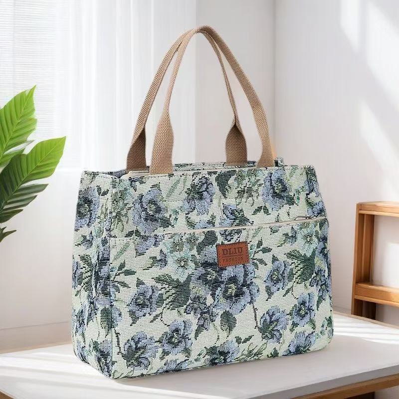 Sac à déjeuner portable style peinture à l'huile florale grande capacité sac à main littéraire sac pour sortir sac de maman