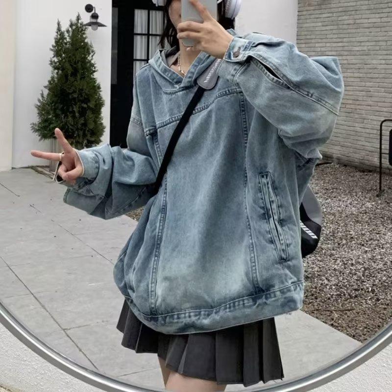 Vintage Women's Denim Sweatshirt Jacket Loose Fit Hooded Pullover Sweatshirt Trendy Spring Autumn