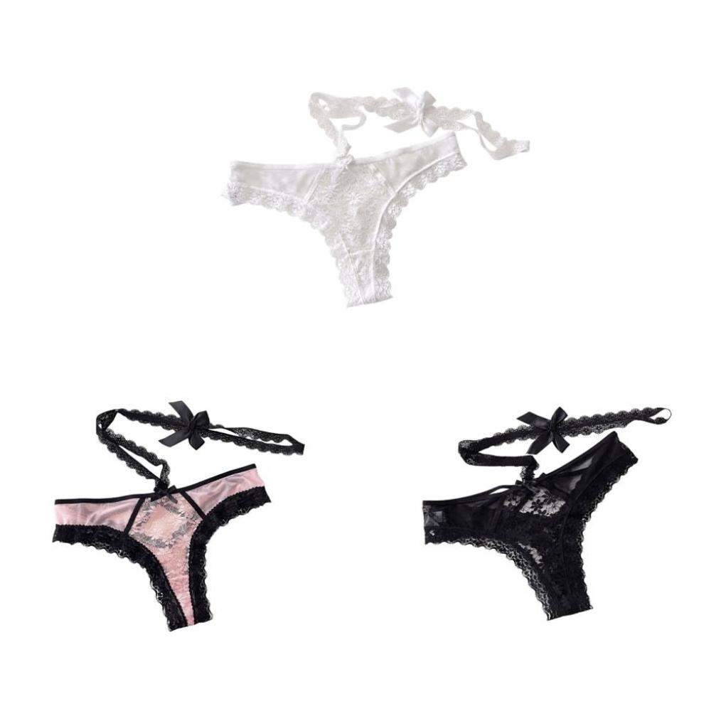 Bow Hanging Neck Chain Mesh Floral Bowknot Panties Underwear for Women  Valentine's Day Gift