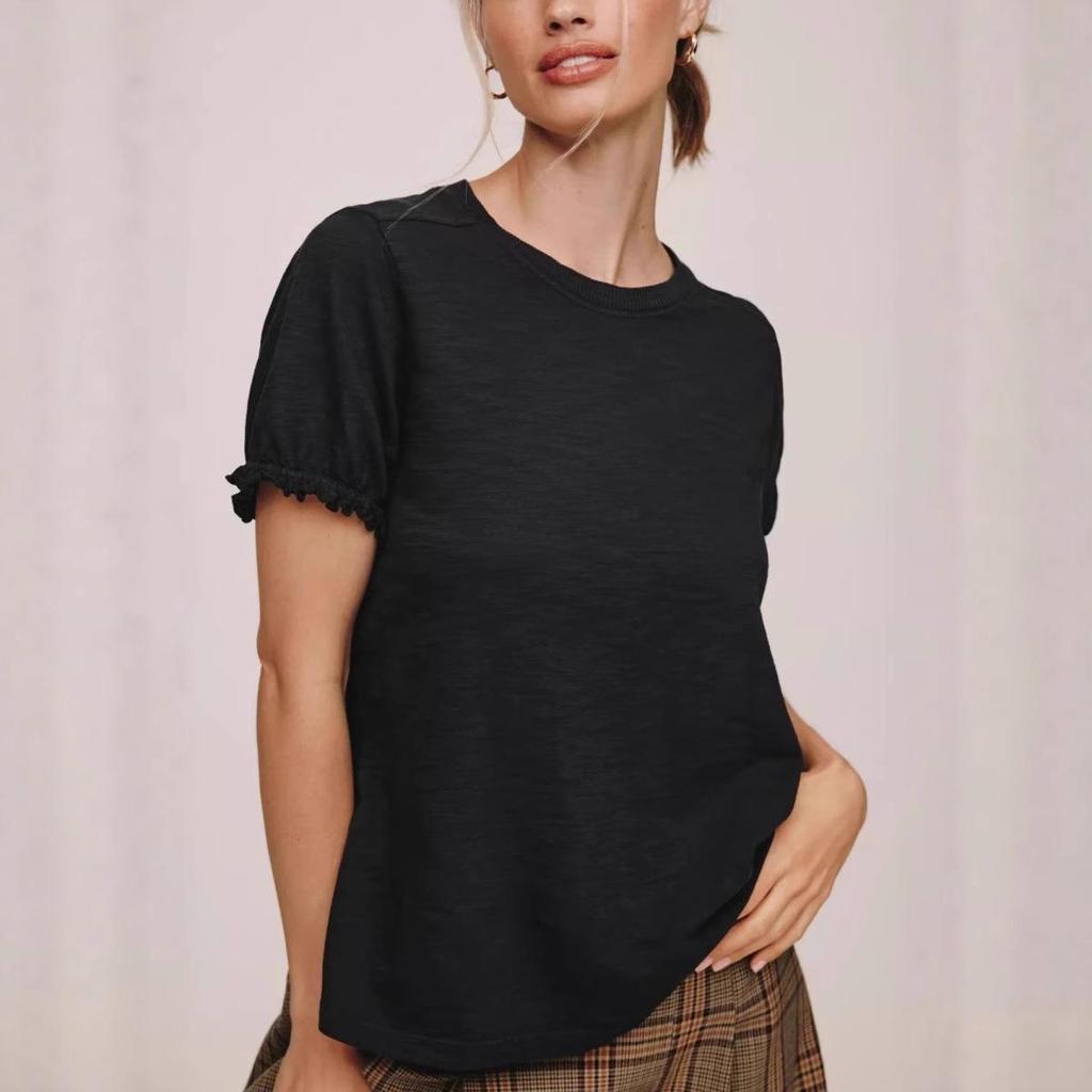 2026 Spring Women's Bubble Sleeve T-Shirt: Short-Sleeve, Solid Color, Round Neck, Skin-Friendly Design.