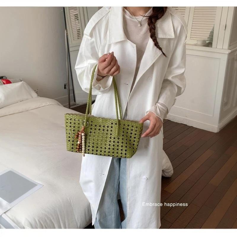Foldable Women Hollow Woven Tote Bag Large Capacity Casual Shoulder Handbag for Travel Beach Grocery Shopping