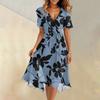 Dámské letní módní šaty s výstřihem do V a rozšířenou sukní, s krátkým rukávem, květinové šaty