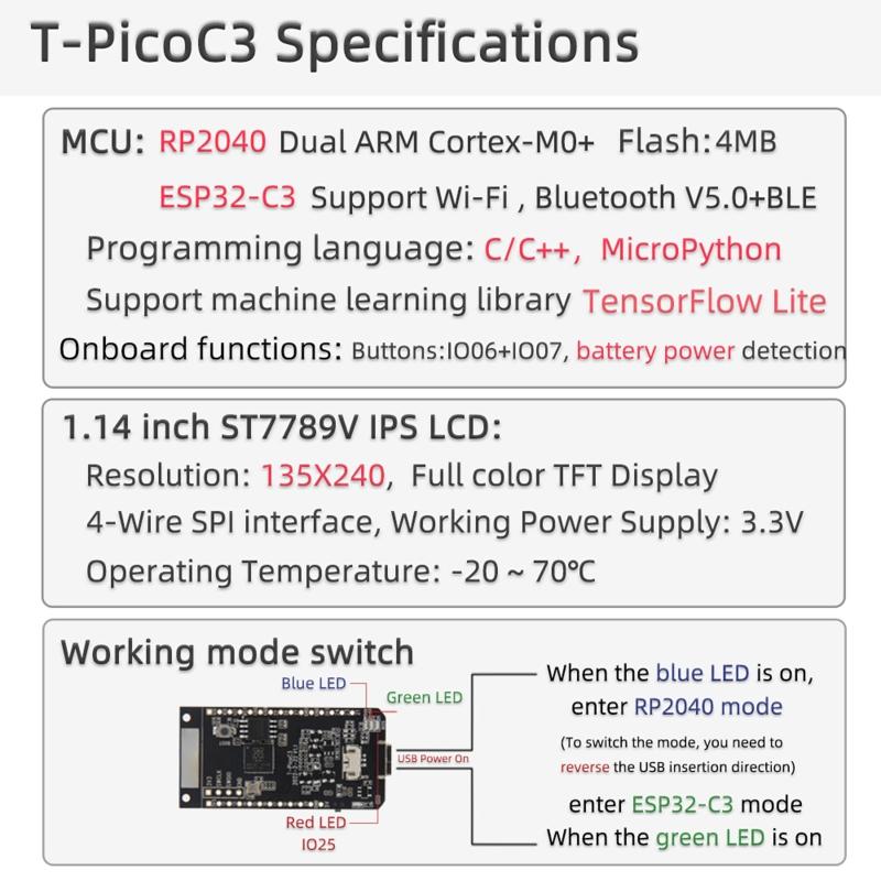 T-PicoC3  RP2040 WIFI -Compaitible Development Board ESP32-C3 LCD Support Tensorflow Lite