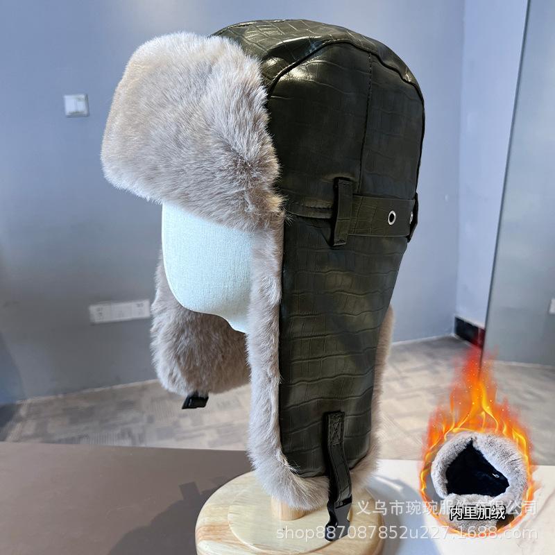 Leather Hat Lei Feng Hat Men's Winter Thickened Pilot Thermal Hat Women's Northeast Wind and Cold Cycling Ear Protection Locomotive Hat