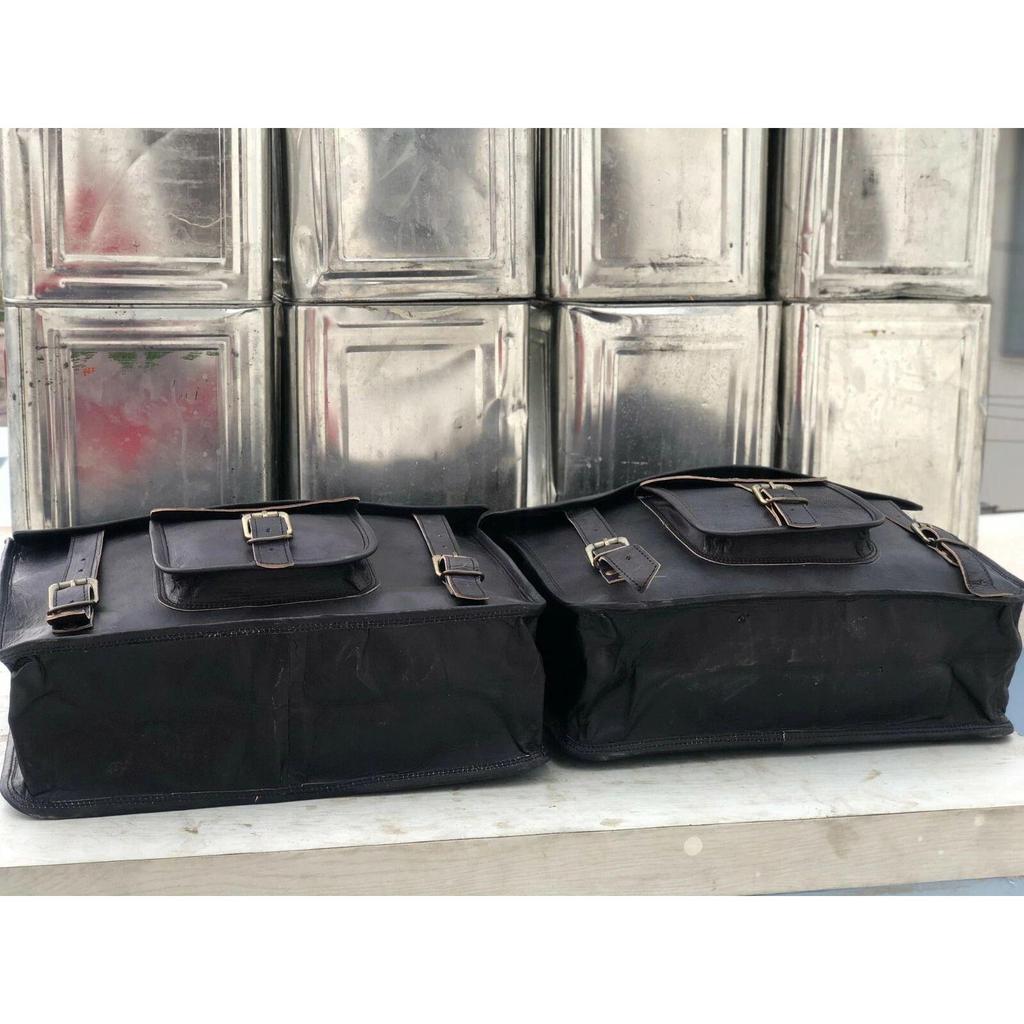 Motorcycle Saddlebags Side 2 Pouch Leather Panniers Saddle (15 Inch Black Bags)