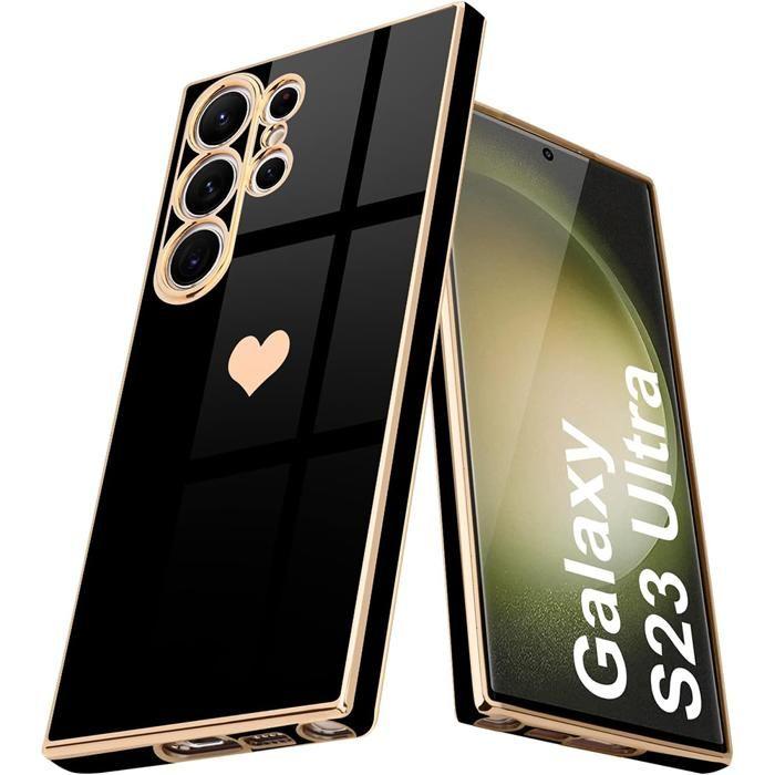 Coque - BOOLING - pour Samsung Galaxy S23 Ultra - Protection Silicone - Motif Coeur - Noir Doré - 2 Vitres