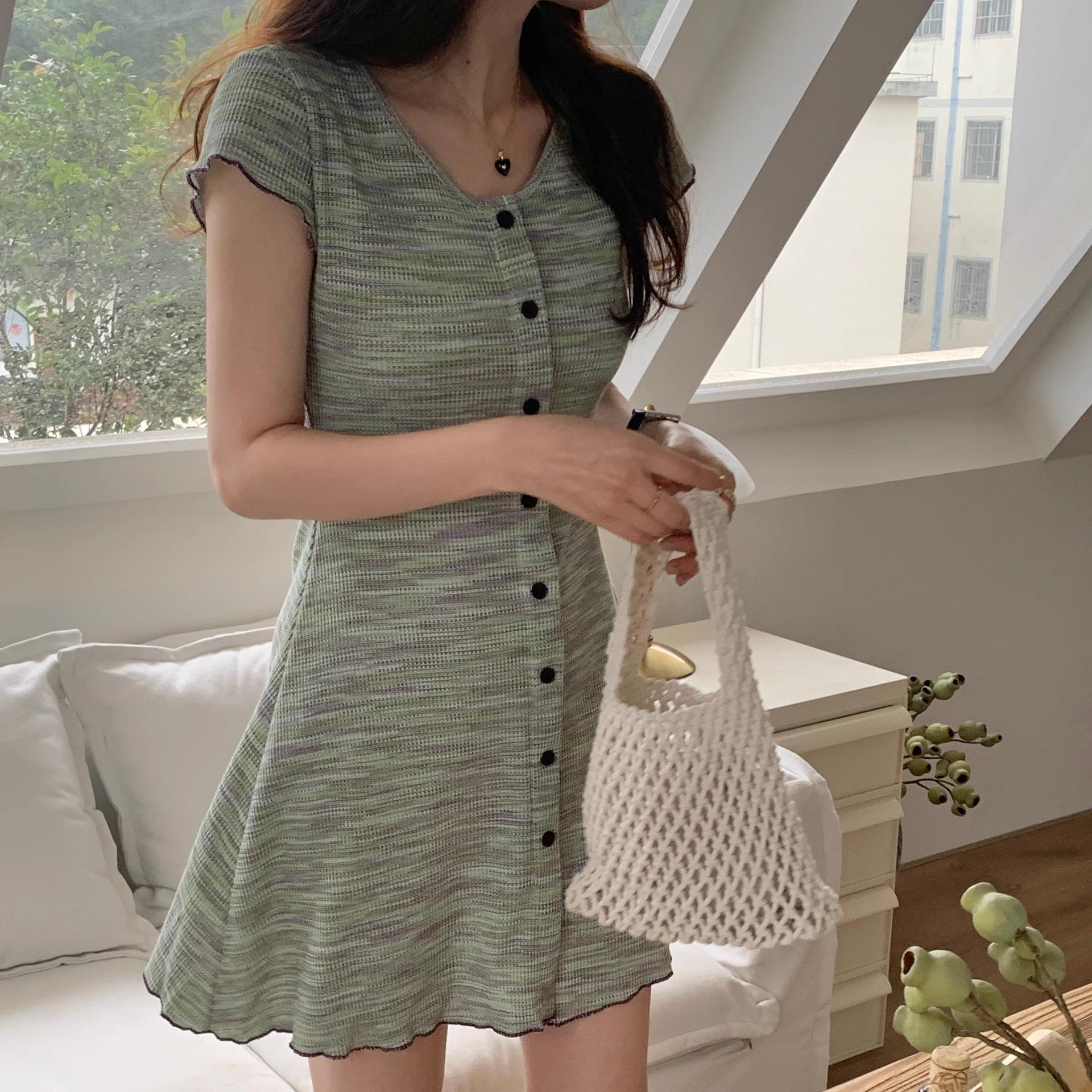 

Spice girl style low round neck short sleeve foreign style small slim fit hip skirt A word color striped knitted dress women One size fits all зелёный