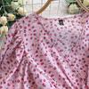 French Sexy Floral V-Neck Short Sleeve Lace-Up Waist Slim Pleated Long Dress