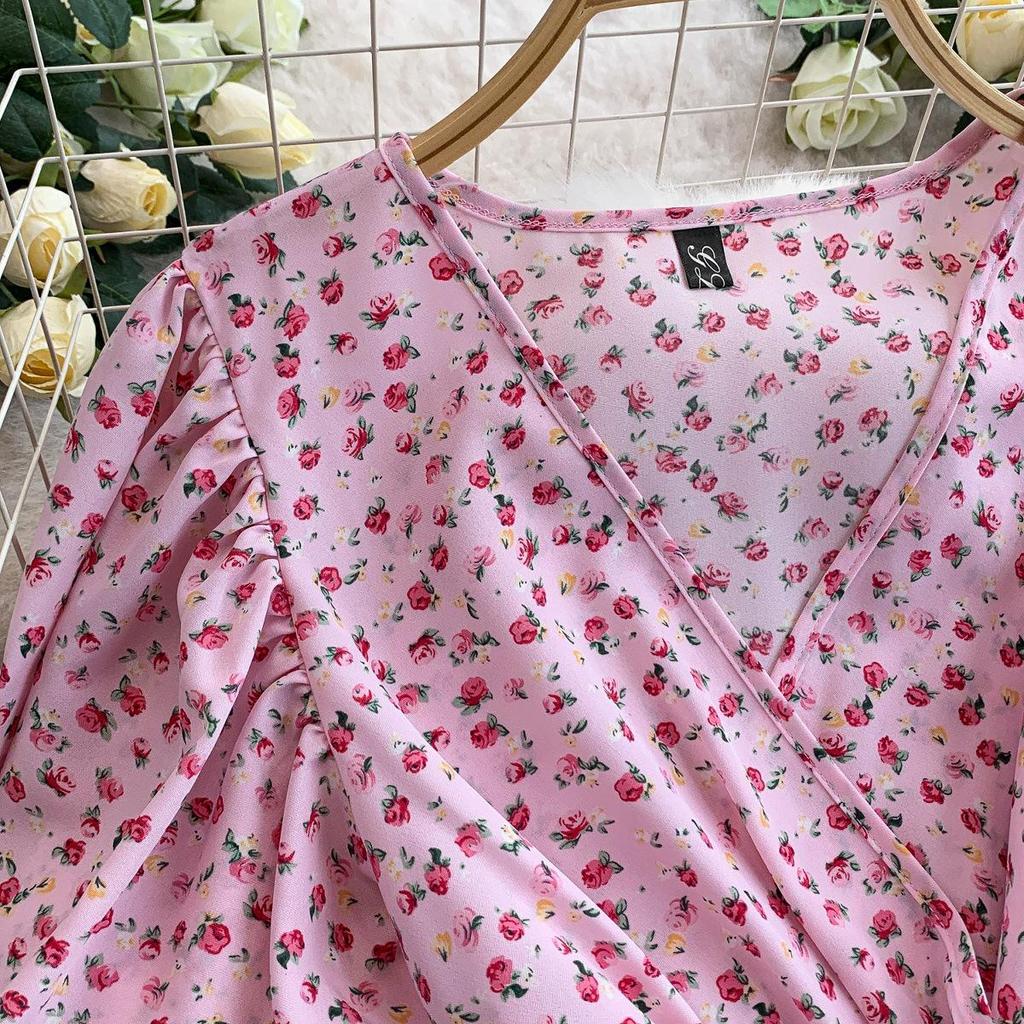 French Sexy Floral V-Neck Short Sleeve Lace-Up Waist Slim Pleated Long Dress