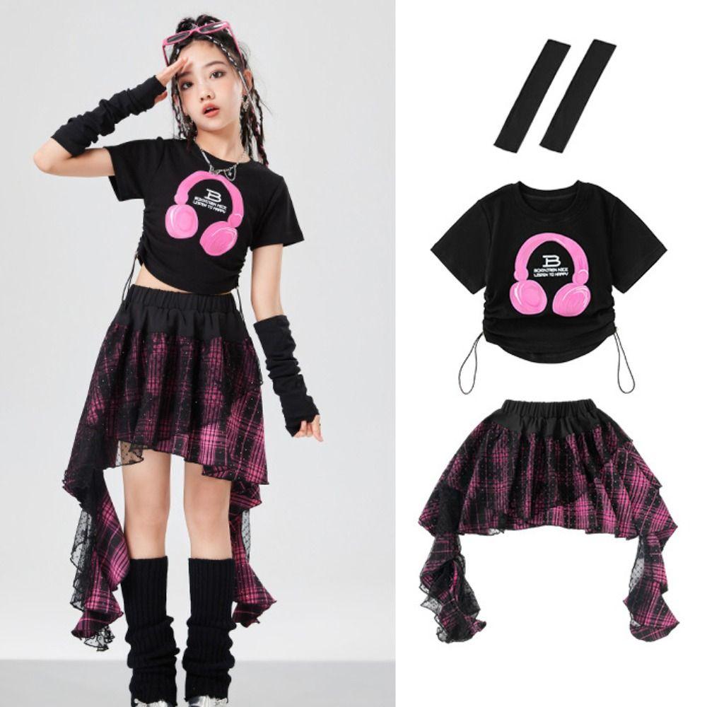 Jazz Children Dance Costume Streetwear T-shirt Plaid Skirt Set Fashion Y2k Outfits Suit  Stage