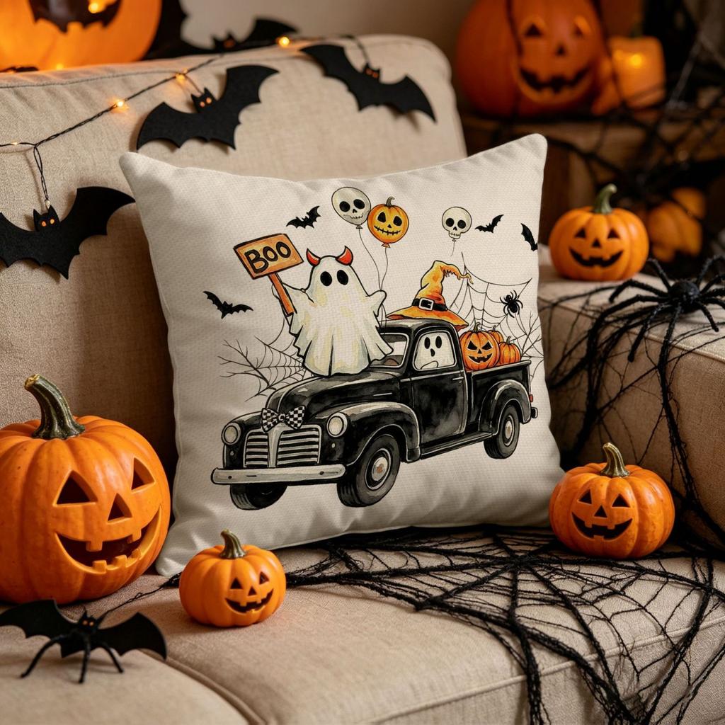 Halloween Decorative Pillow Cover Linen Material Indoor Sofa Cushion Case with Ghost Pumpkin Skeleton Balloons Design for Seasonal Home Decor