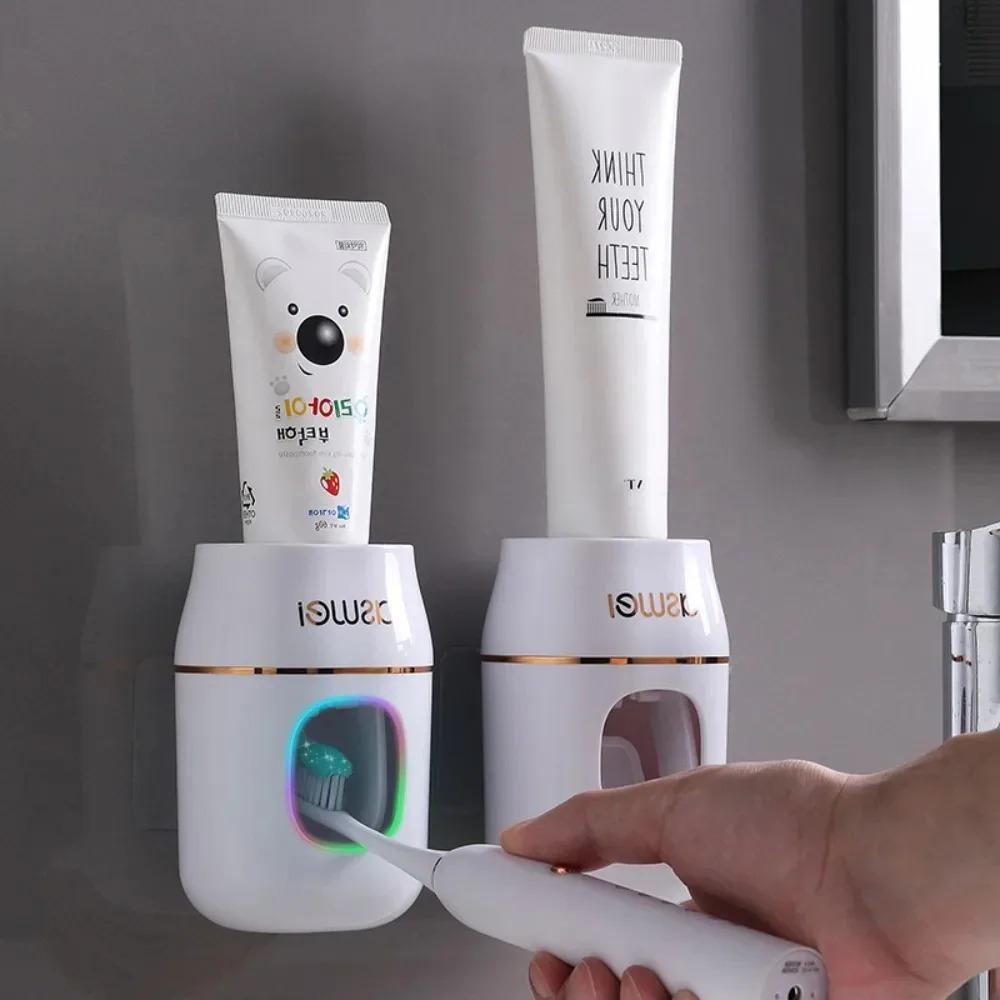 Automatic Toothpaste Squeezer Tool Wall Mounted No Drill Toothbrush Holder with Storage Rack Bathroom Organizer for Family Use