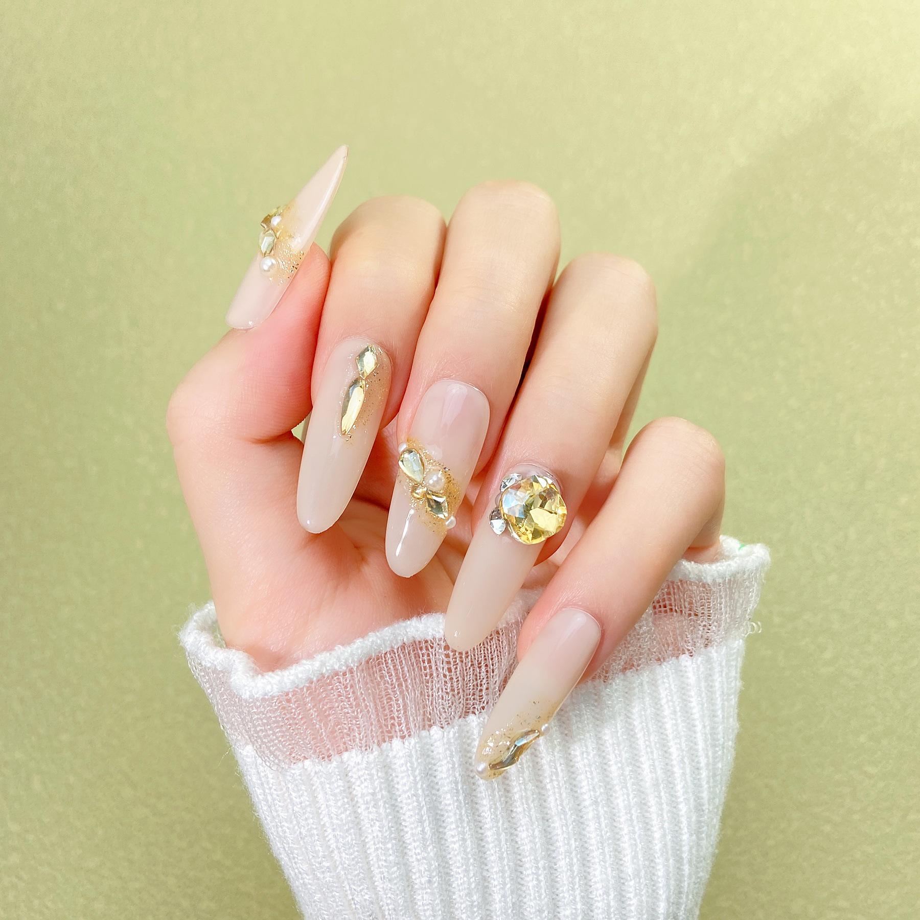 

Luxurious French Gold & Diamond Press-On Nails: Elegant High-End Skin-Whitening Style, Trending Manicure Fashion Small