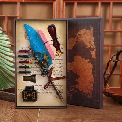 Vintage Gifts Academy Pen Set Ink Bag Fire Paint Seal Feather Pen Gift Box Set Creative Steel
