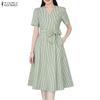 ZANZEA Women Casual V-Neck Short Sleeve Bows Splice Stripe Print A-line Dress
