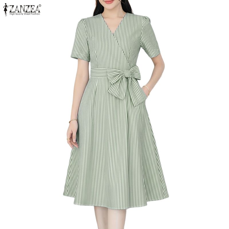 ZANZEA Women Casual V-Neck Short Sleeve Bows Splice Stripe Print A-line Dress