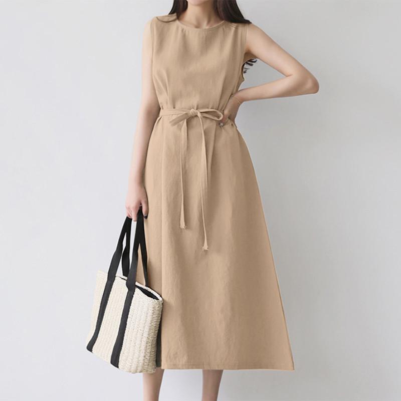 Boho Solid Long Dress for Women Crew Neck Sleeveless Tie Waist Dress Summer Casual Loose Work Vacation Dress Cotton Breathable Lightweight Soft Dress