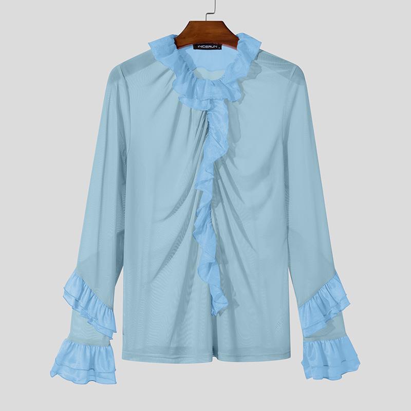 INCERUN Men Long Sleeve Ruffled Hem See Through Tops Party Mesh Shirts