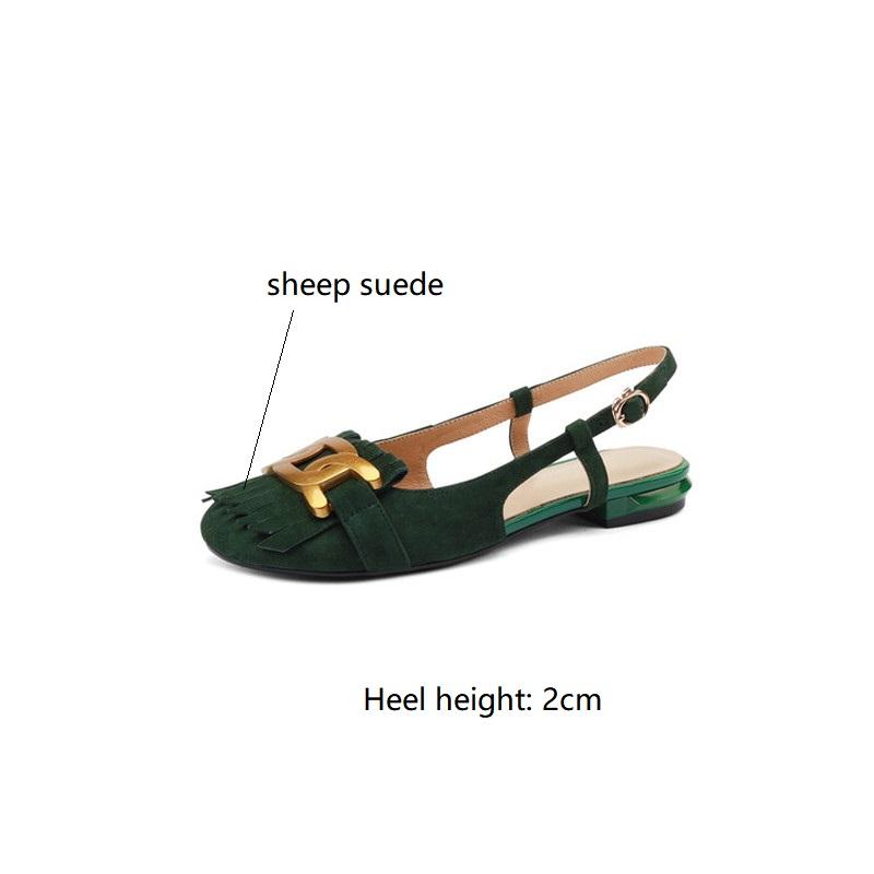 Fashion Summer Sandals Shoes Low Heel Women Sandals Fashion Metal Buckle Sheep Suede Sandals Tassel Women Pumps Ladies Shoes Green