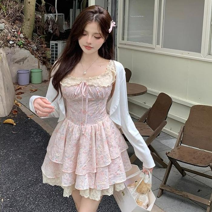 

Sweet Spice Girl Small Flying Sleeve Floral Dress Female Summer Small Man First Love Princess Cake Dress Waist Fluffy Dress XL рожевий