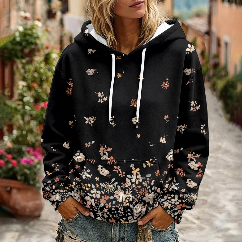 Women's Floral Print Long Sleeve Hoodie with Pocket and Casual Pullover Sweatshirt