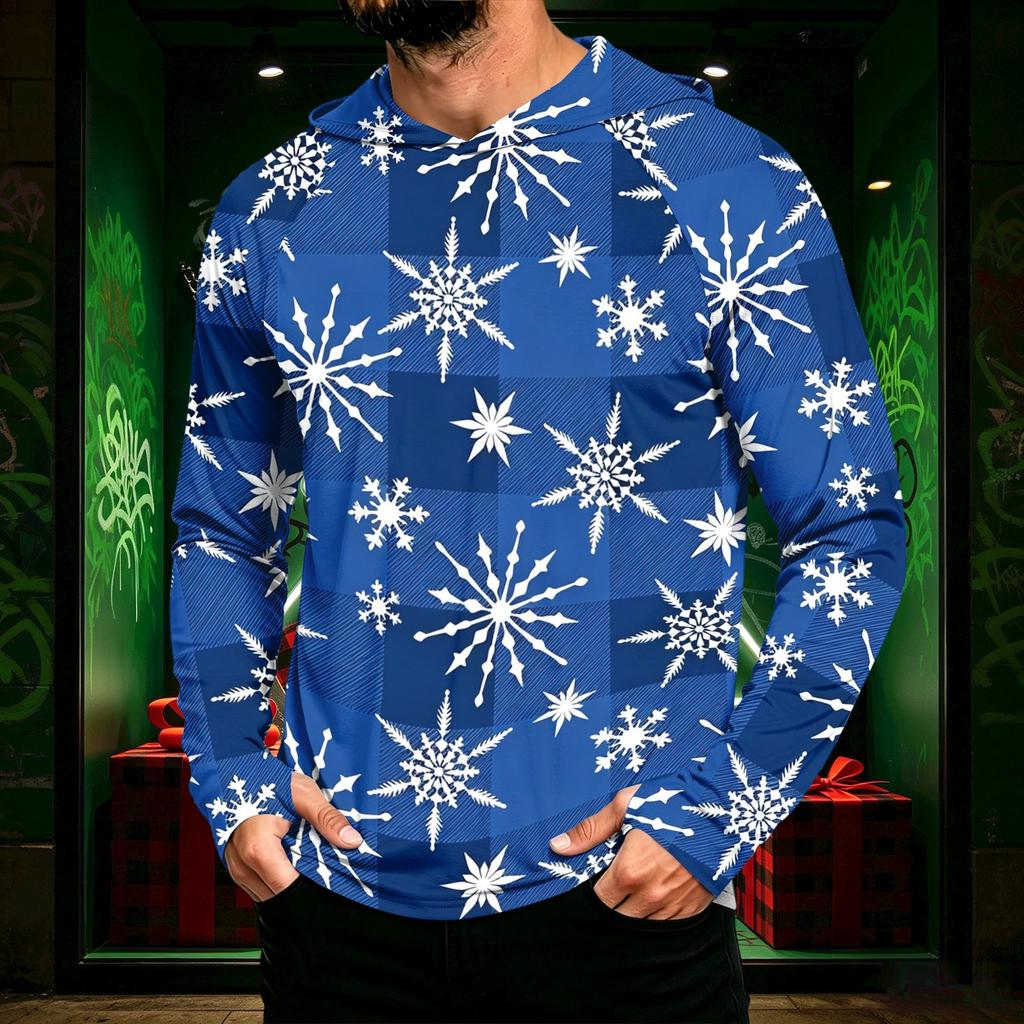 Men's Long Sleeve Hooded Sun Shirt with Christmas Print for Casual Daily Wear