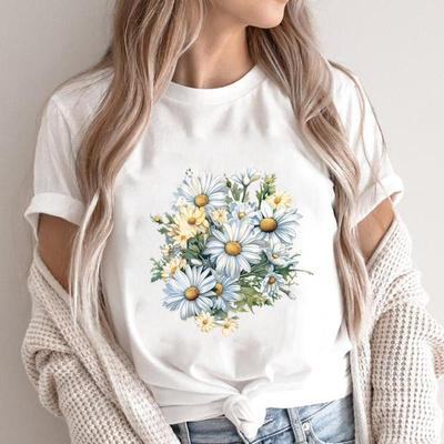 (Asian Size) Print Short Sleeve T-shirts Lovely Flower Cute Lovely Casual Women's Fashion Clothing T Female Top Graphic Tee