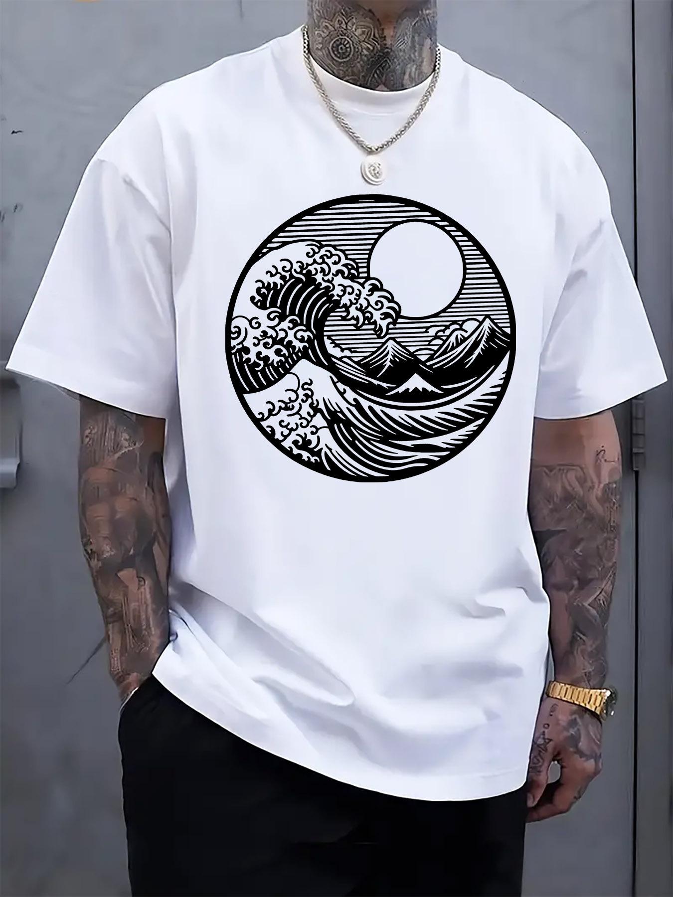 

Japanese Great Wave off Kanagawa Graphic T-shirt - Black Casual Crew Neck Tee with Iconic Sea Wave Print S