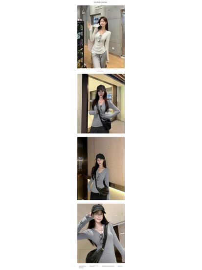 Women's Slim Fit V-Neck Long Sleeve Shirt - Solid Color Korean Style for Spring and Autumn